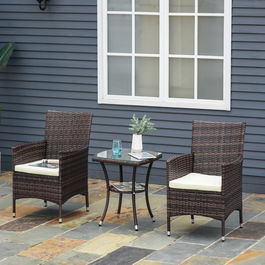Outsunny Set Mobilier Gradina din Ratan 2 Fotolii Terasa si Masa de Cafea in Sticla cu Perne Decorative, 48x48x60cm Maro | Aosom.ro