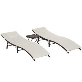 Outsunny Set Mobilier Gradina cu Masuta si 2 Sezlong Pat de plaja in PE Rattan cu Perne Detasabile, 102x19x60cm Culoarea Maro Crem | Aosom.ro