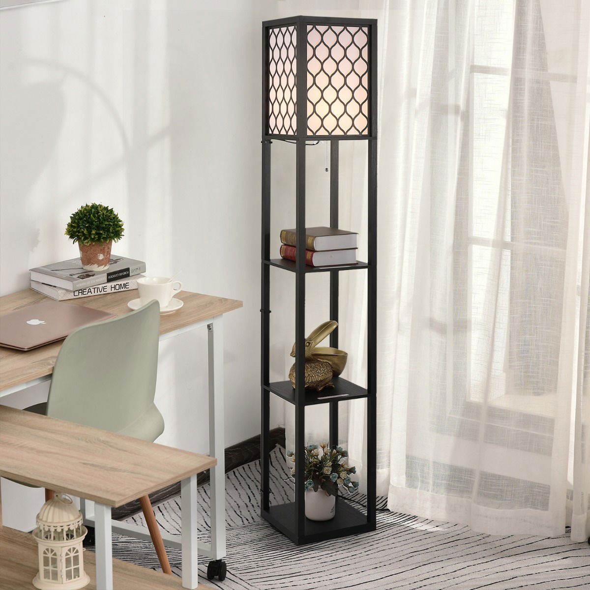 Homcom lampa moderna cu rafturi, lampa de sol cu rafturi, neagra | Aosom Ro