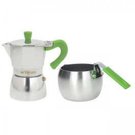 Set cafetiera si fierbator lapte Grancucina, Tognana, aluminiu, argintiu/verde