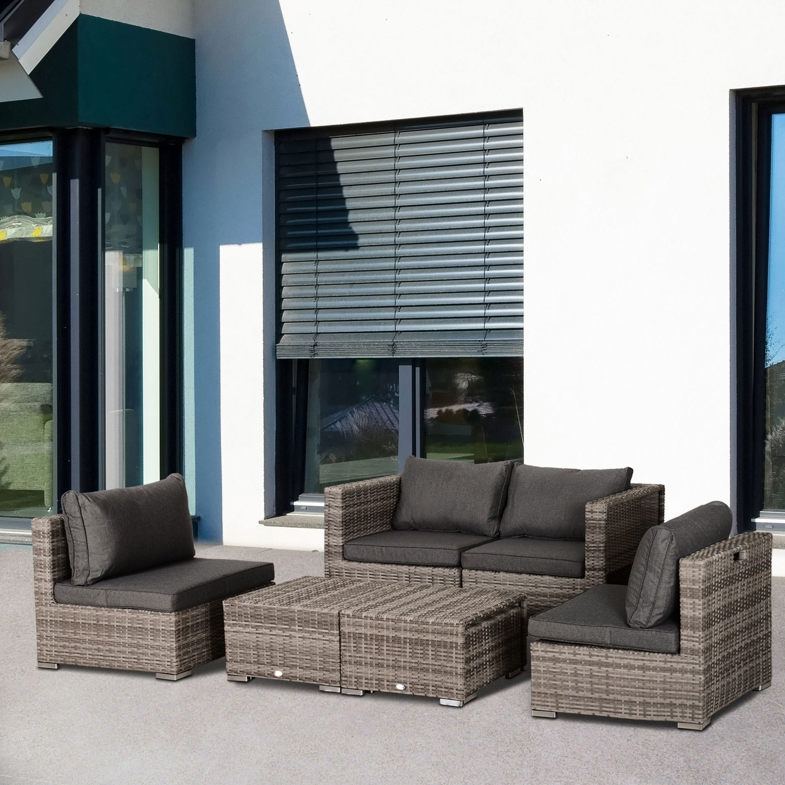 Outsunny Set 8 piese Canapea cu Masuta de cafea In Aer Liber din Ratan PE si structura de aluminiu, 75x75x71cm Gri