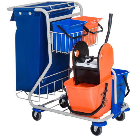 Homcom Carucior de Curatare Profesional cu 4 Galeti 18L / 6L Albastru si Portocaliu
