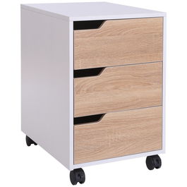 Homcom Comoda din MDF cu 3 Sertare si Roti pentru Birou sau Studio Alba si Lemn 31x37x7.2cm
