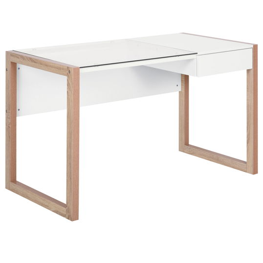 HOMCOM  Masa de Birou Design din Lemn si Sticla Temperata cu Sertar 120x60x75cm