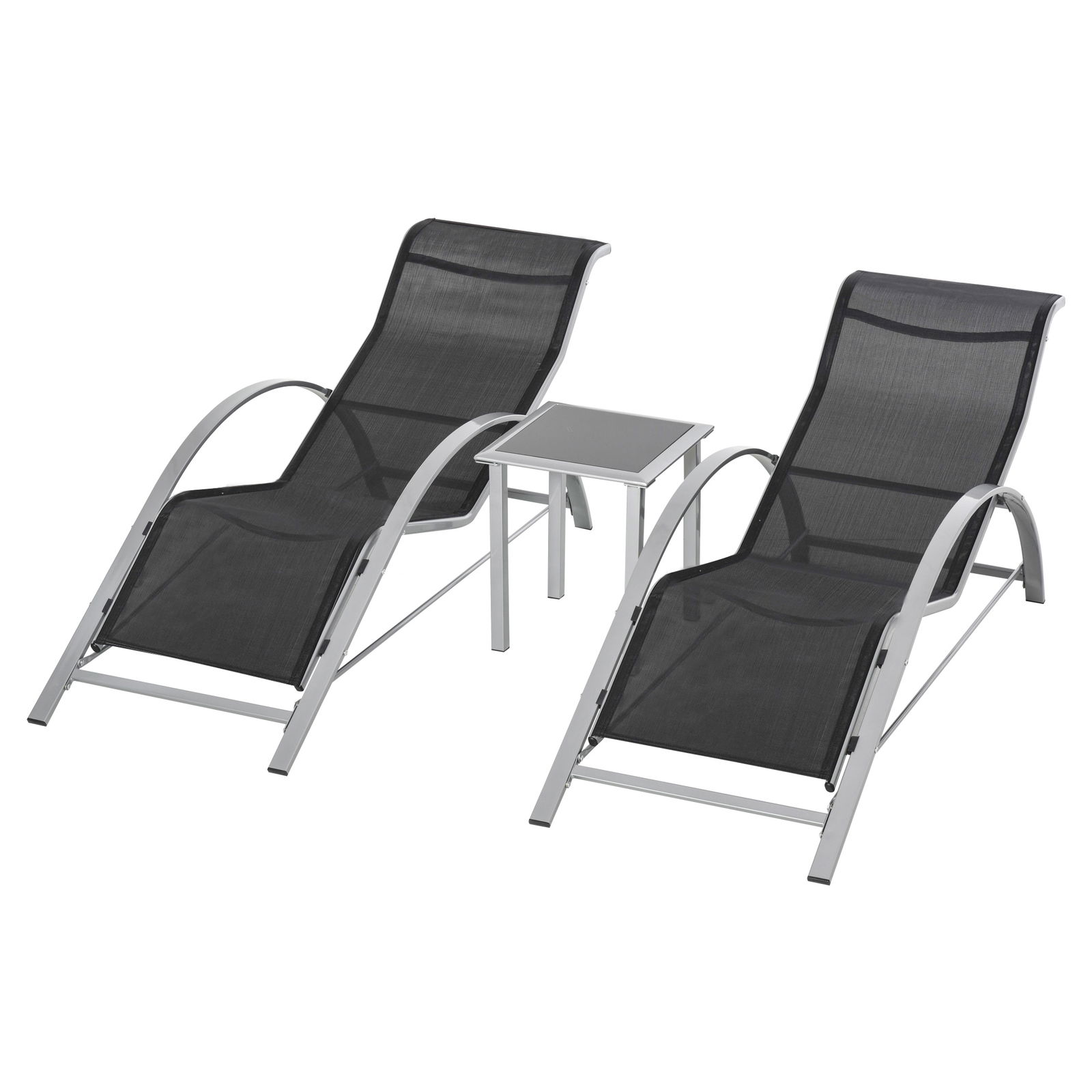 Outsunny Set 2 Sezlonguri de Gradina si 1 Masuta cu Raft din Sticla Negru