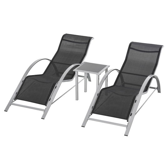 Outsunny Set 2 Sezlonguri de Gradina si 1 Masuta cu Raft din Sticla Negru