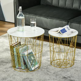 HOMCOM HOMCOM Set 2 Masute de Sufragerie Moderne Stivuibile, Raft Detasabil si Baza de Depozitare, Otel si MDF, Φ44/Φ35x45.5cm, Alb Auriu