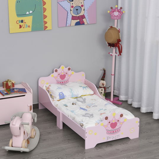 HOMCOM Pat pentru Copii cu Margini Ridicate și 6 Picioare din Lemn pentru Camera Copiilor, Patut pentru Copii de 3-6 Anni, 143x73x60cm, Roz