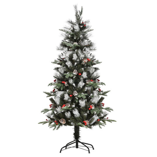HOMCOM Brad de Craciun cu zapada cu fructe rosii si conuri, brad verde, decoratiune de craciun 440 ramuri, Φ75x150cm, verde | AOSOM RO