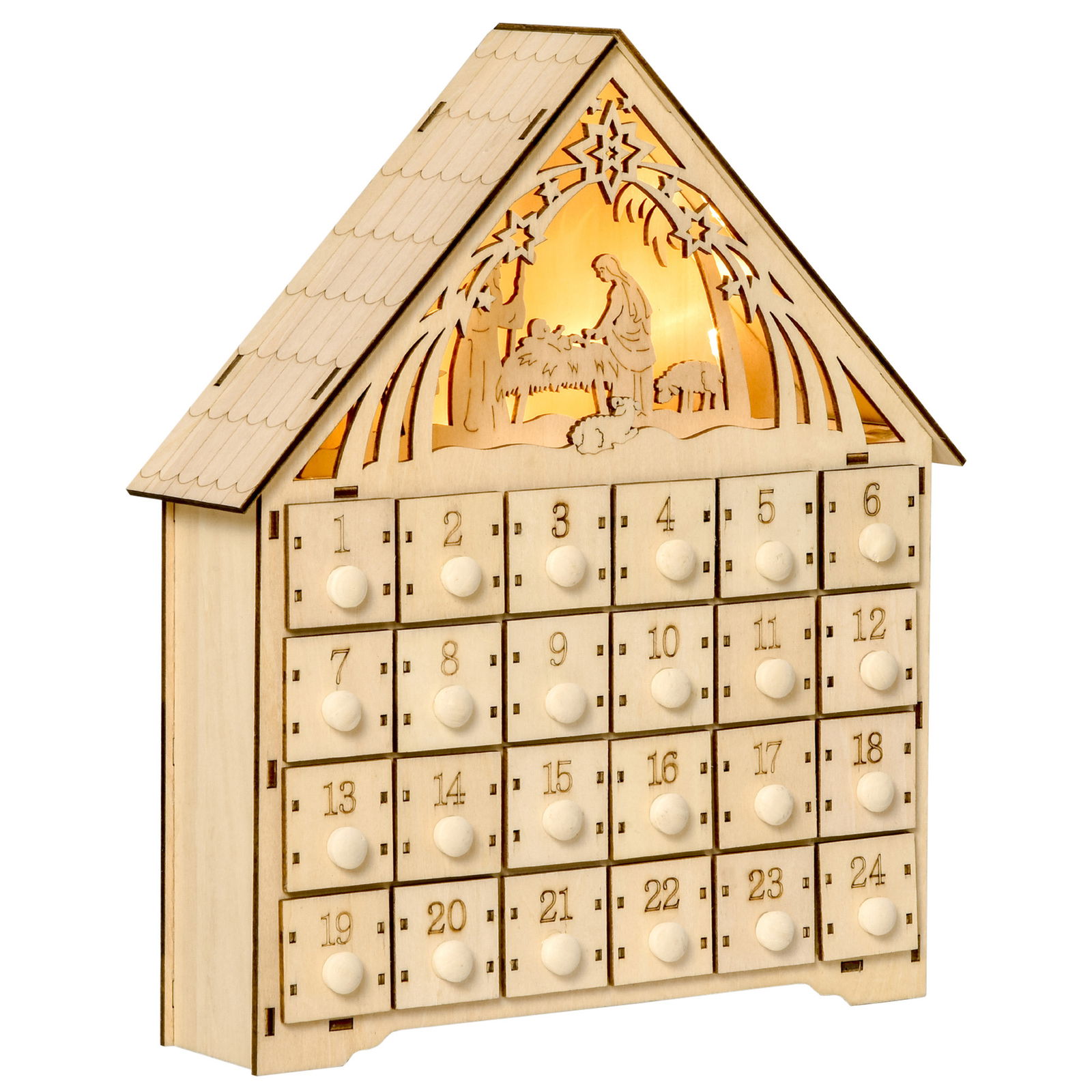 HOMCOM Calendar de Advent din Lemn 24 Sertare Decoratiune de Craciun cu Nasterea Domnului Sculptata si Luminite, 26.6x6x30cm