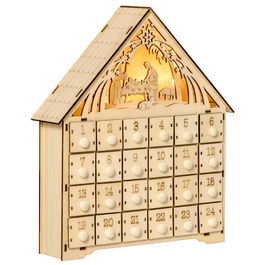 HOMCOM Calendar de Advent din Lemn 24 Sertare Decoratiune de Craciun cu Nasterea Domnului Sculptata si Luminite, 26.6x6x30cm