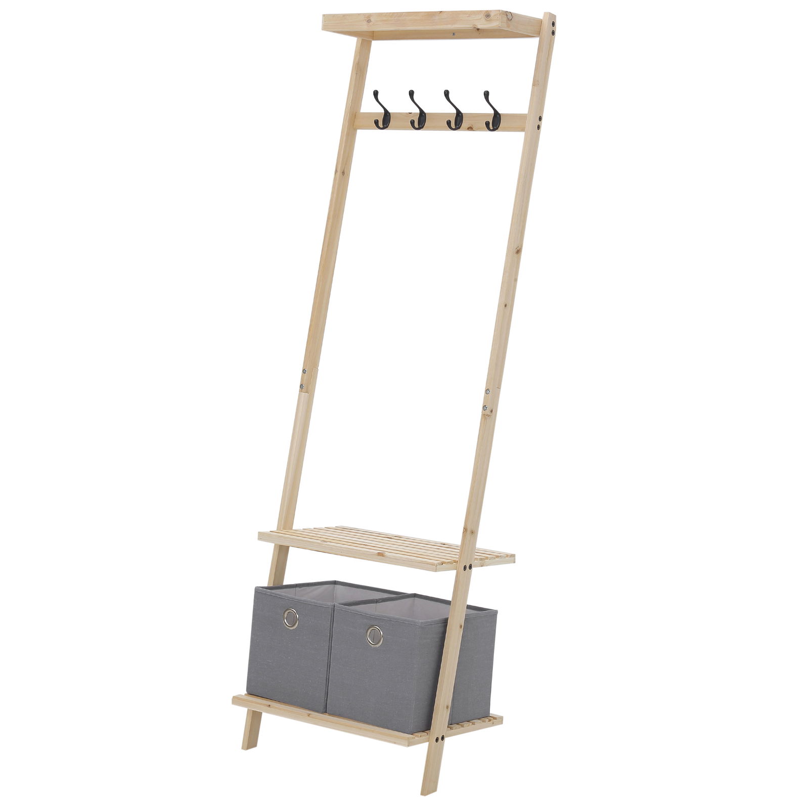 HOMCOM Cuier Multifunctional cu 4 carlige pentru Haine, 3 Rafturi si 2 Cosuri din Material Textil, pentru Hol, Sufragerie si Dormitor