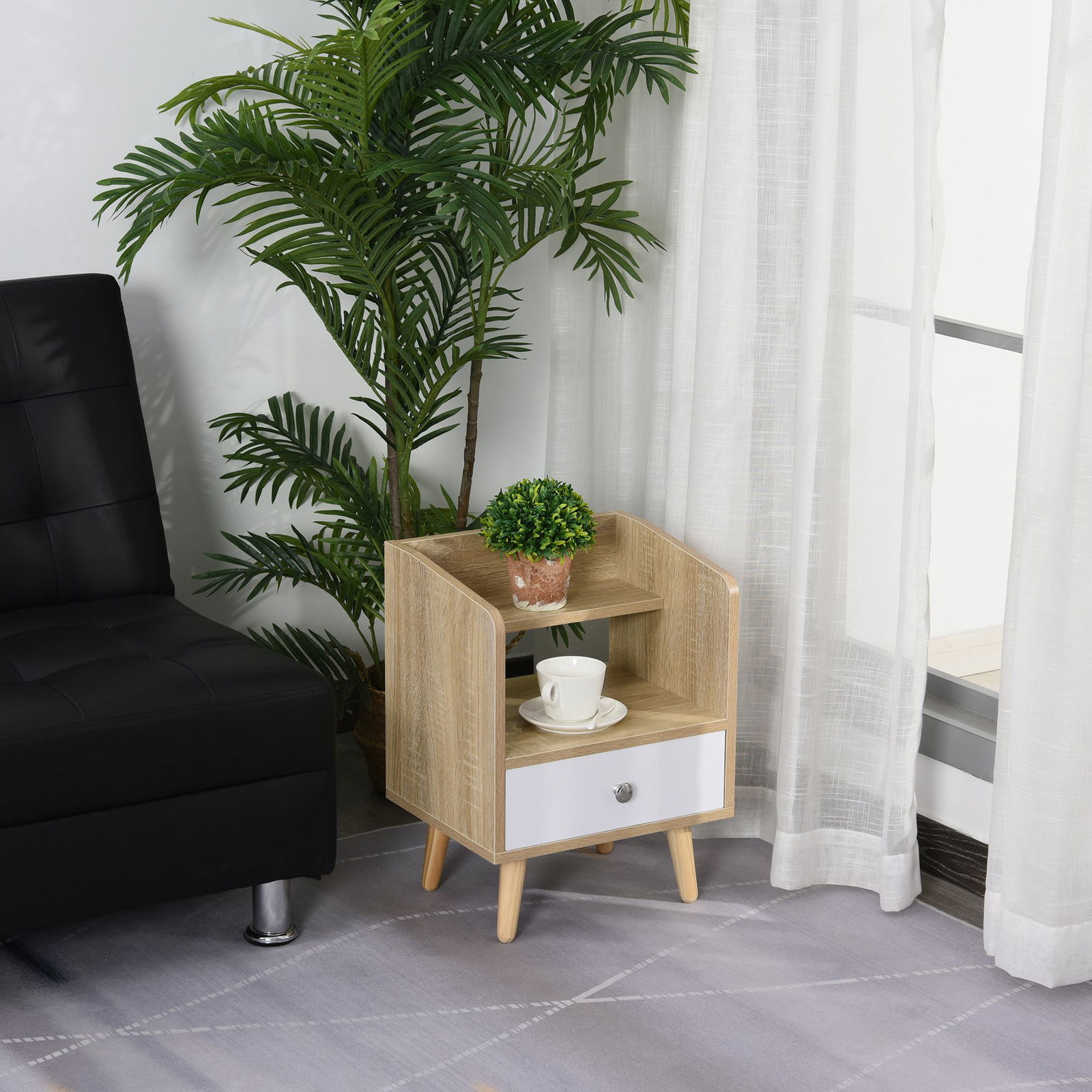 HOMCOM Noptiera cu Sertar si Raft, Mobilier pentru Dormitor, Masuta pentru Sufragerie Economie Spatiu in lemn, Alb, Raft Lem
