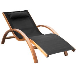 Outsunny Sezlong Soare Sezlong cu Tetiera, Structura din  Lemn si Tesatura din plasa Respirabila, pentru Gradina si Piscina, Negru