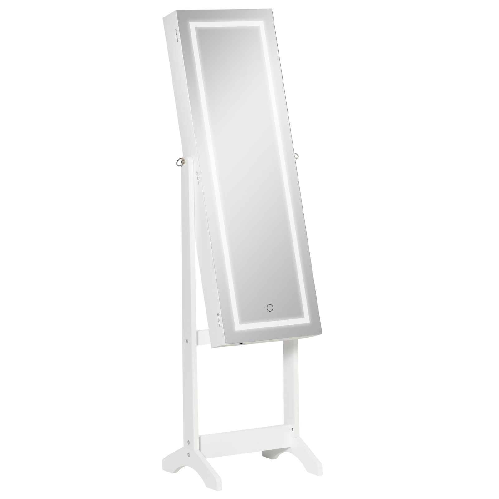 HOMCOM Oglinda suport bijuterii intreaga cu lumina LED, dulap suport bijuterii autoportant cu inclinare si blocare reglabile, alba