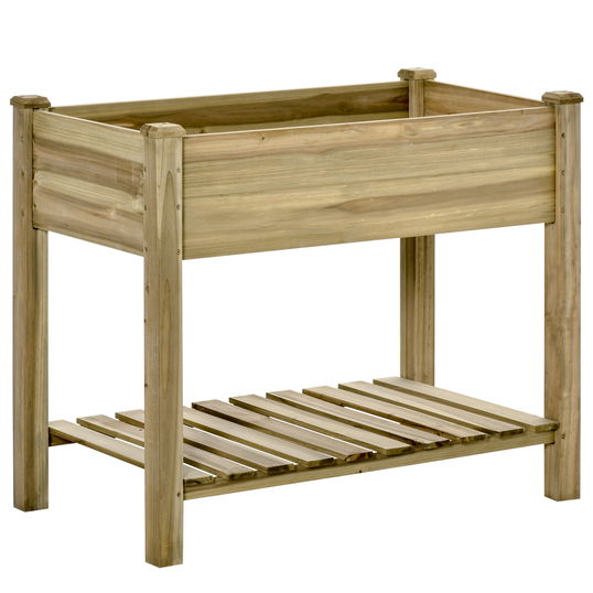 Outsunny Pat de Gradina Inaltat din Lemn cu Polita Inferioara, Jardiniera de Exterior Suport Plante pentru Gradina si Balcon, 91x51x76cm