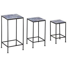 Outsunny Suport plante din metal cu suprafata cu placi din ceramica floral, set 3 bucati pentru gradina si balcon albastru si negru