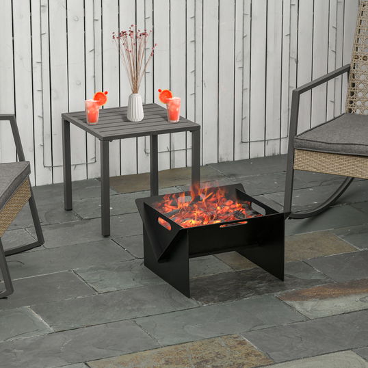 Outsunny Vatra de Foc pentru Gradina din Otel Patrata cu Manere, Vatra  pentru Exterior cu Design Negru, 50x45x30cm