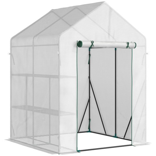Outsunny sera de gradina, pentru plante, legume, fructe, protectie de frig cu usa tip rulou, 143x143x195cm, alb | AOSOM RO