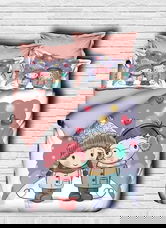 Lenjerie de pat pentru doua persoane, Pearl Home, 110, print 3D, amestec bumbac, 4 piese, roz prafos/bleu/alb