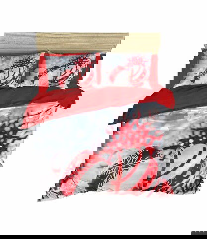 Lenjerie de pat pentru doua persoane, Pearl Home, 406, print 3D, amestec bumbac, 4 piese, rosu/alb/gri