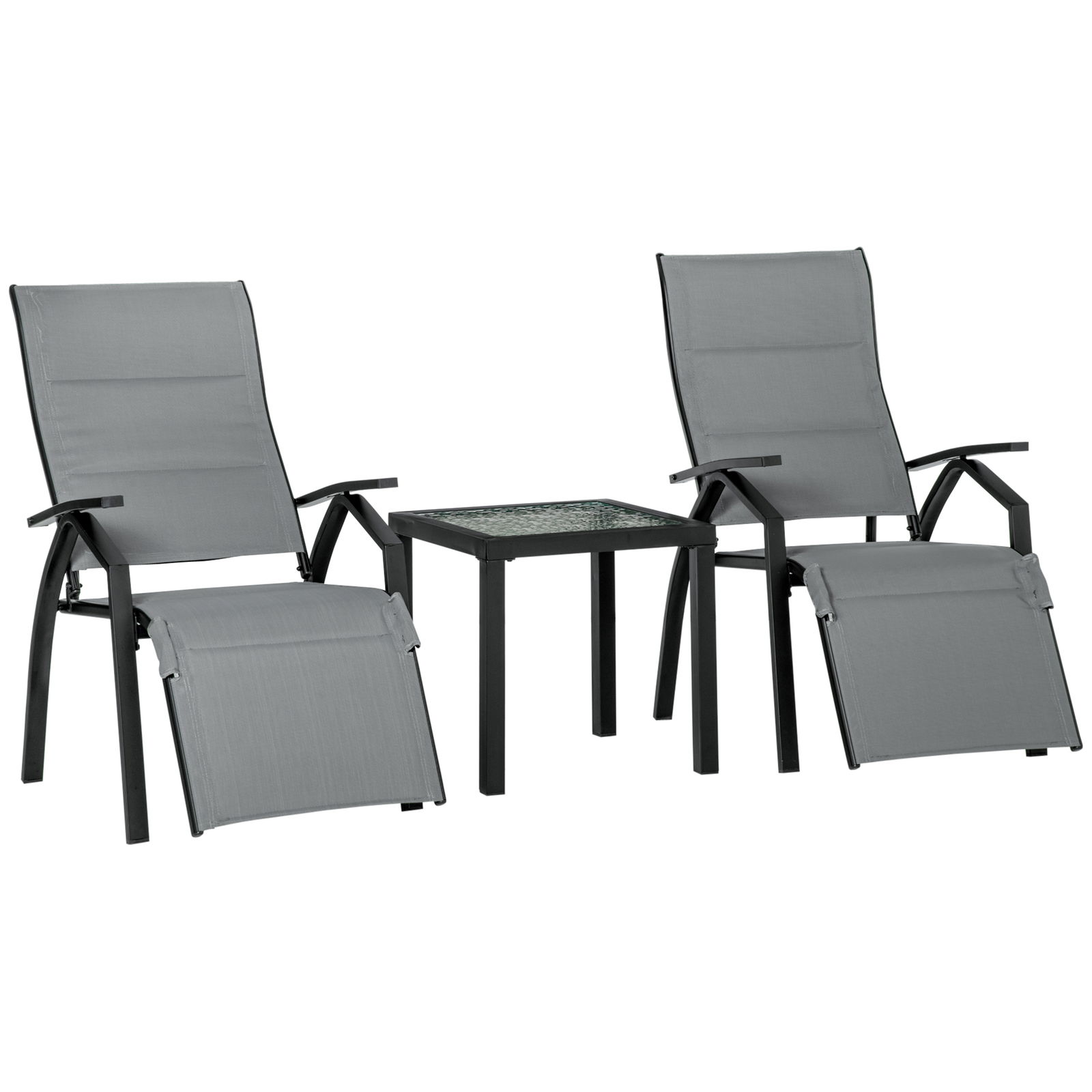 Outsunny Set de Gradina cu 2 Sezlonguri Inclinabile Tapitate, Inaltime Suport Picioare Reglabil si Masuta, Gri