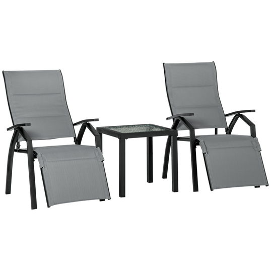 Outsunny Set de Gradina cu 2 Sezlonguri Inclinabile Tapitate, Inaltime Suport Picioare Reglabil si Masuta, Gri