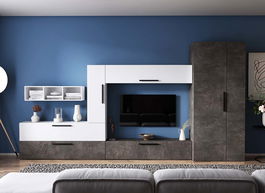 Living Pati 185 - Mobila Sufragerie Gri Beton + Alb