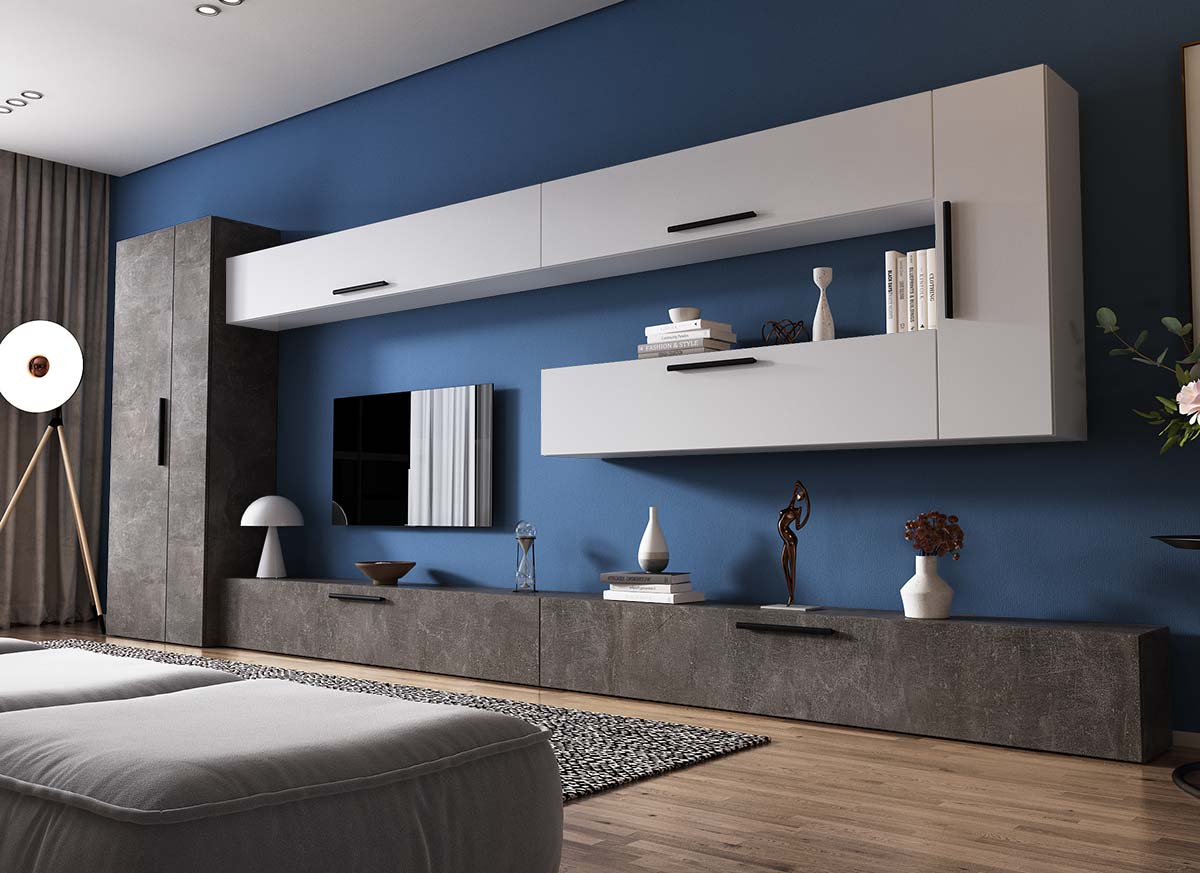 Living Pati 181 - Mobila Sufragerie Gri Beton + Alb