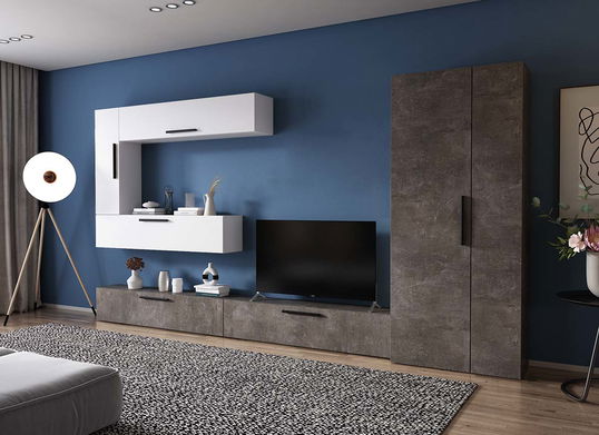 Living Pati 173 - Mobila Sufragerie Gri Beton + Alb