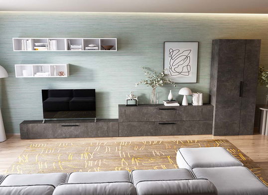 Living Pati 195 - Mobila Sufragerie Gri Beton + Alb