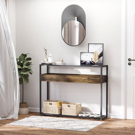 HOMCOM Masa Consola pentru Intrare in Stil Industrial, Blat din Sticla, Cadru din Otel si Lemn, Masuta pentru Living si Sufragerie, Maro Rustic