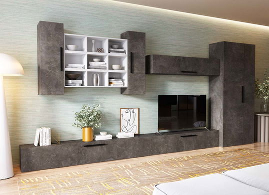 Living Pati 188 - Mobila Sufragerie Gri Beton+ Alb