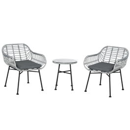 Outsunny Set Mobilier de Gradina din Ratan PE de 3 Piese, Salon in Aer Liber cu 2 Scaune si Masa cu Blat de Sticla pentru Terasa si Bistrò, Gri