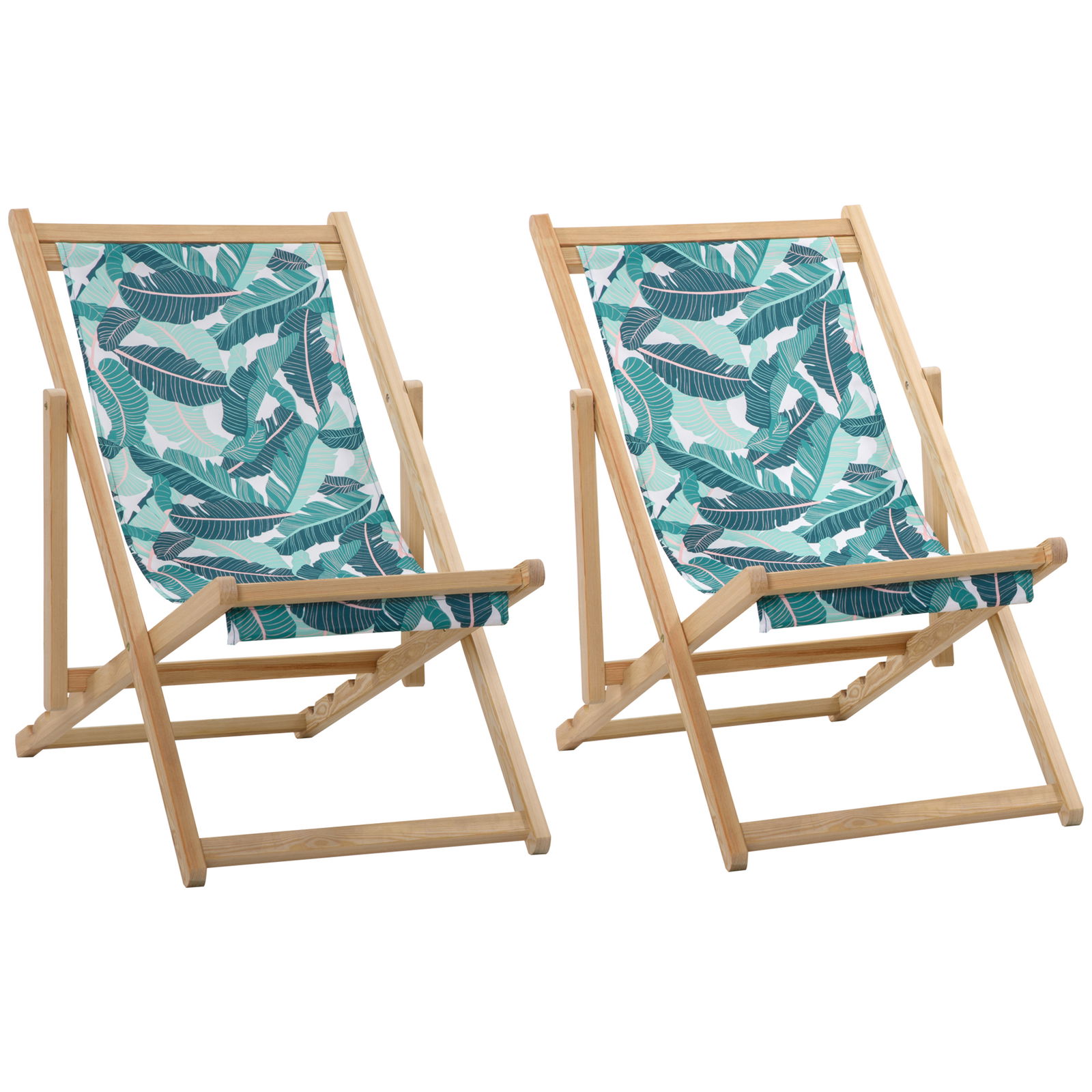Outsunny Set de 2 Sezlonguri de Gradina Pliabile din Lemn si Poliester, Sezlong pentru Plaja cu Spatar Rabatabil pe 4 Niveluri, Fantezie Tropicala