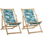 Outsunny Set de 2 Sezlonguri de Gradina Pliabile din Lemn si Poliester, Sezlong pentru Plaja cu Spatar Rabatabil pe 4 Niveluri, Fantezie Tropicala