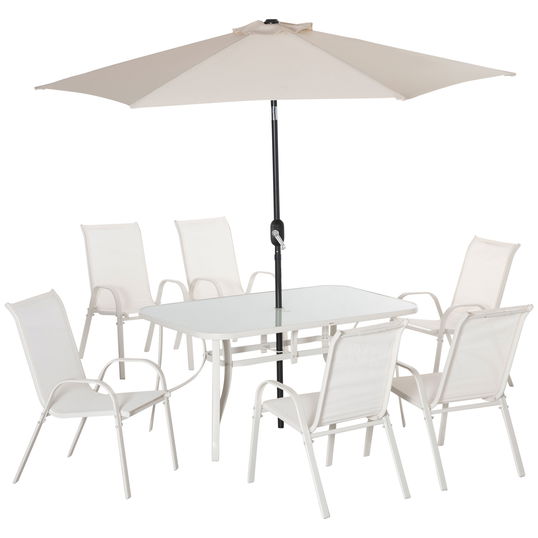 Outsunny Set de Mobilier de Gradina 8 Piese, Masa de Gradina cu Scaune, Umbrela de Soare cu Inclinare Reglabila, Aluminiu, Alb Crem