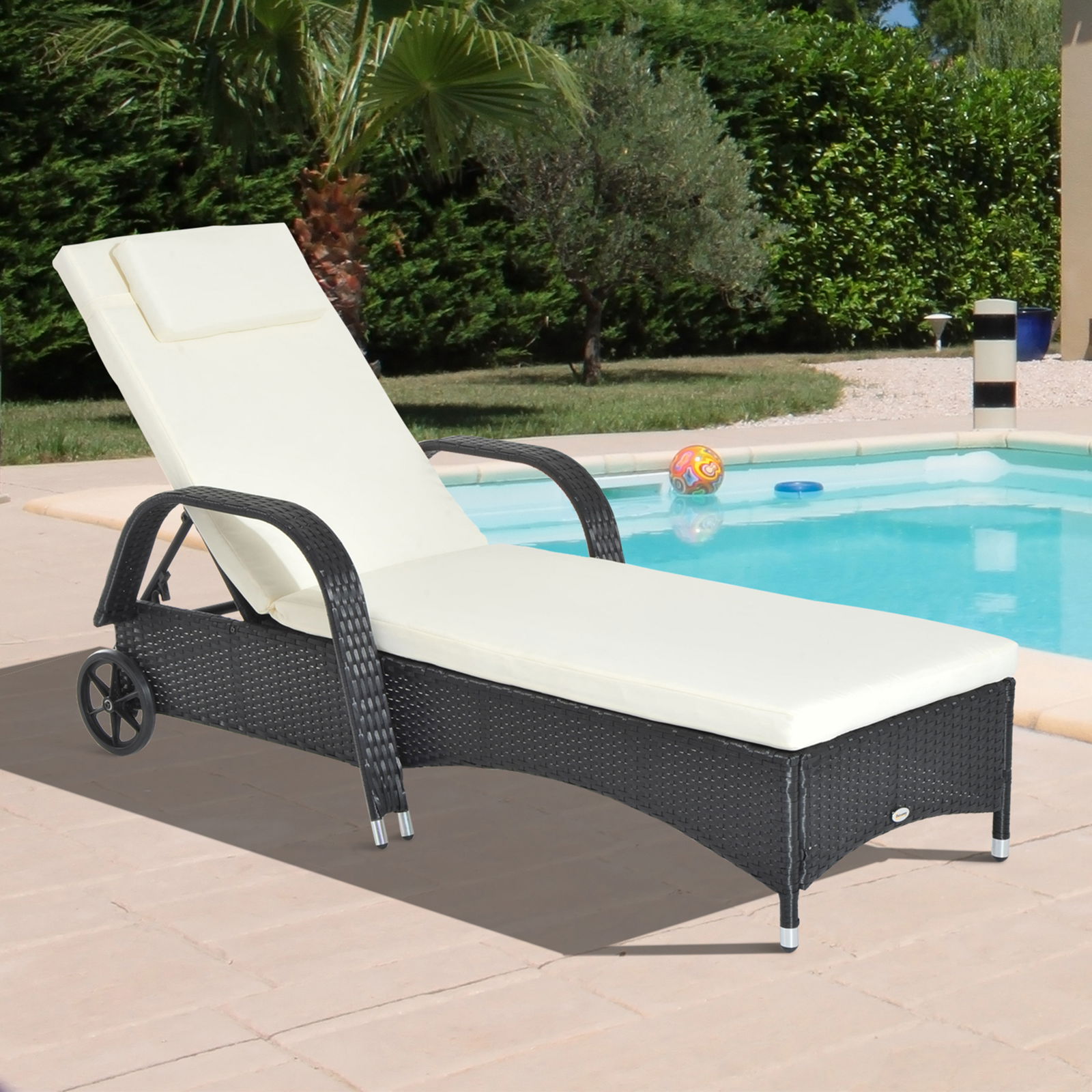 Outsunny Sezlong Gradina cu roti din PE Ratan cu Spatar Recliner si Saltea Captusita, 200 x 73cm Culoarea Negru | Aosom.ro