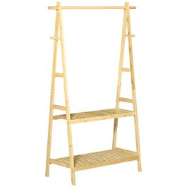 Suport pentru Umerase HOMCOM cu 2 Rafturi si 4 Carlige Laterale, Structura din bambus, 100L x 42l x 155lcm, Culoarea Lemnului