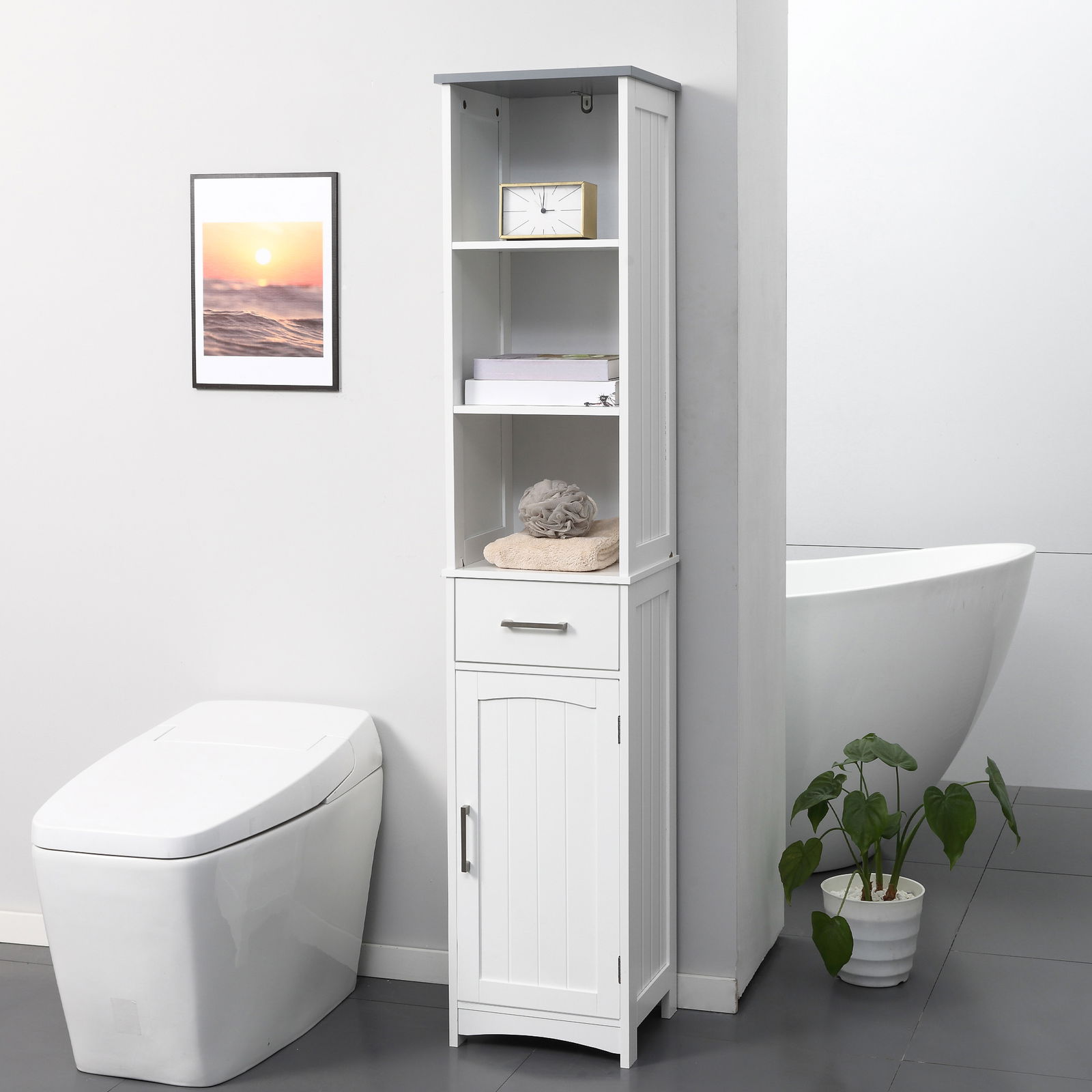 Kleankin Dulapior de baie cu Raft cu 3 niveluri, din MDF Lacuit, 34x30x163cm, Alb si Gri | Aosom Ro