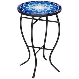 Masuta de Gradina Rotunda din Metal Outsunny cu Blat din Ceramica, Ф35,5x53,5 cm, Albastru si Alb | Aosom Ro