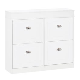 HOMCOM Suport de Pantofi Economie de Spatiu din Lemn 4 Sertare cu Deschidere Batanta cu Etajera Reglabila pentru 32 de Încaltari, 98x24x83cm, Alb