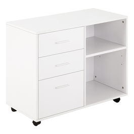 HOMCOM Mobilier pentru Imprimanta cu 3 Sertare din Lemn, Mobilier Birou Multifunctional cu 4 Roti si Rafturi Deschise, 80x40x65cm, Alb
