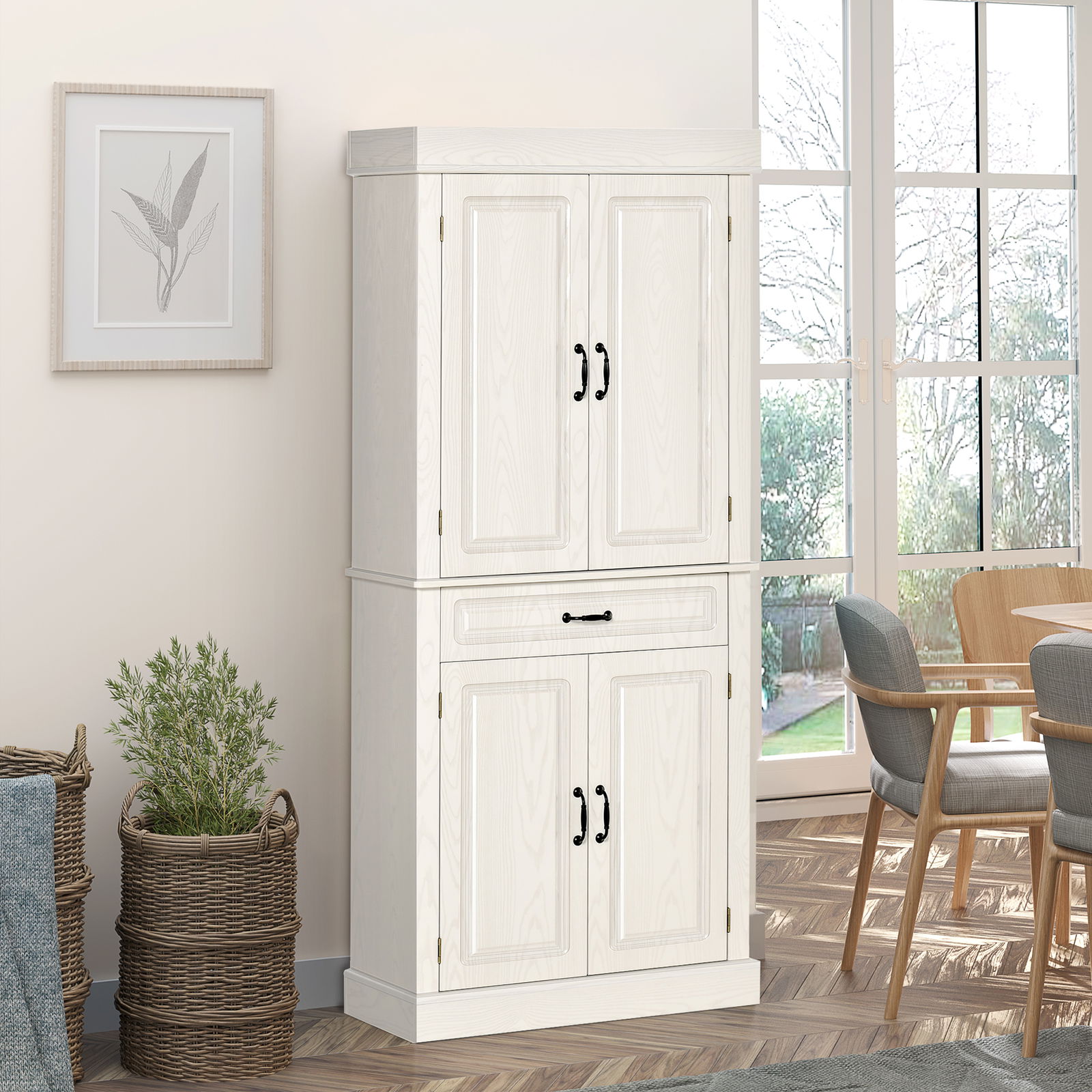 HOMCOM Bufeta de bucatarie cu 2 dulapuri si sertar, dulap de camara din lemn in stil colonial, 80x35x180cm alb