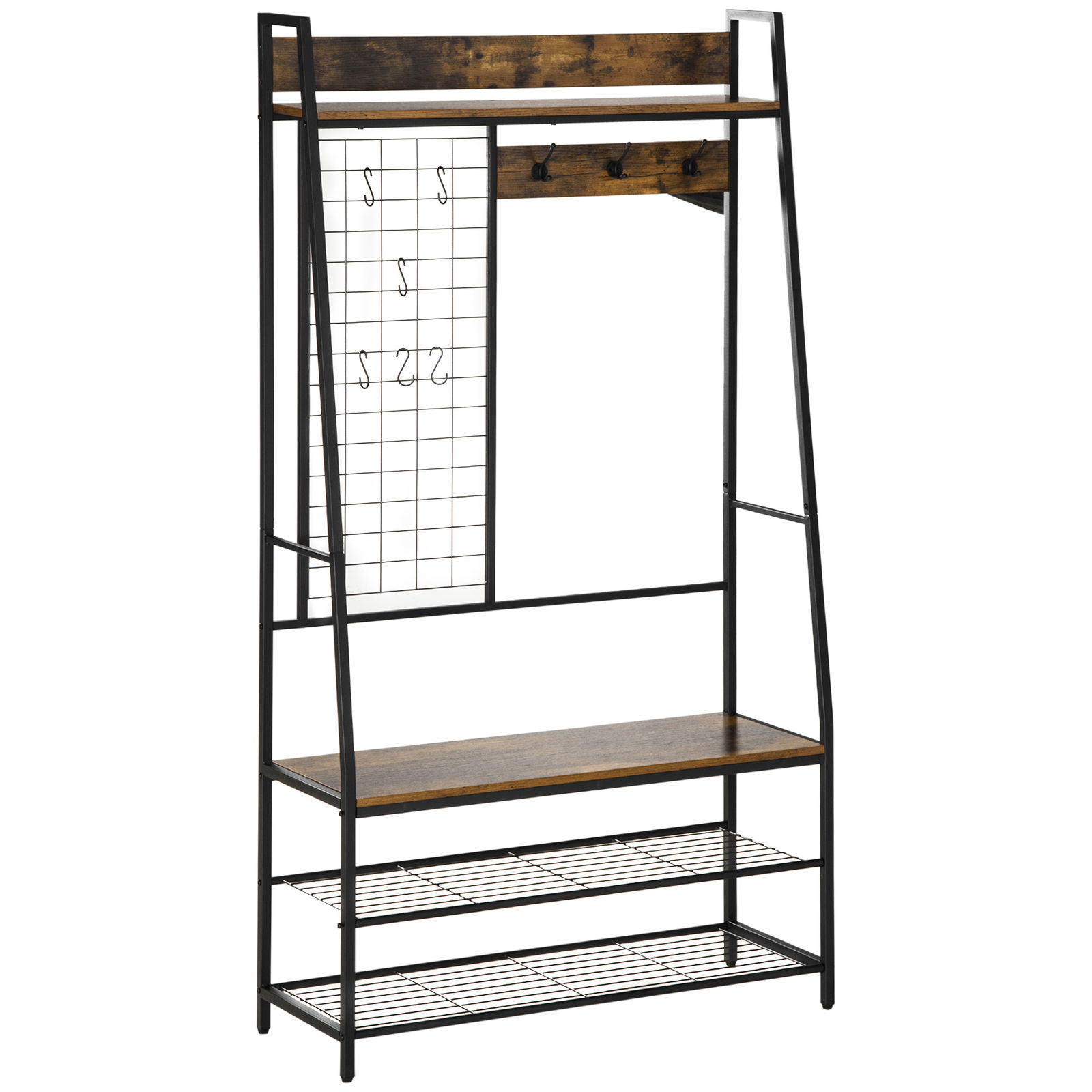 HOMCOM Suport pentru haine cu suport pentru pantofi si banca, suport pentru hol in stil industrial din lemn si otel, 98x36x185cm, maro