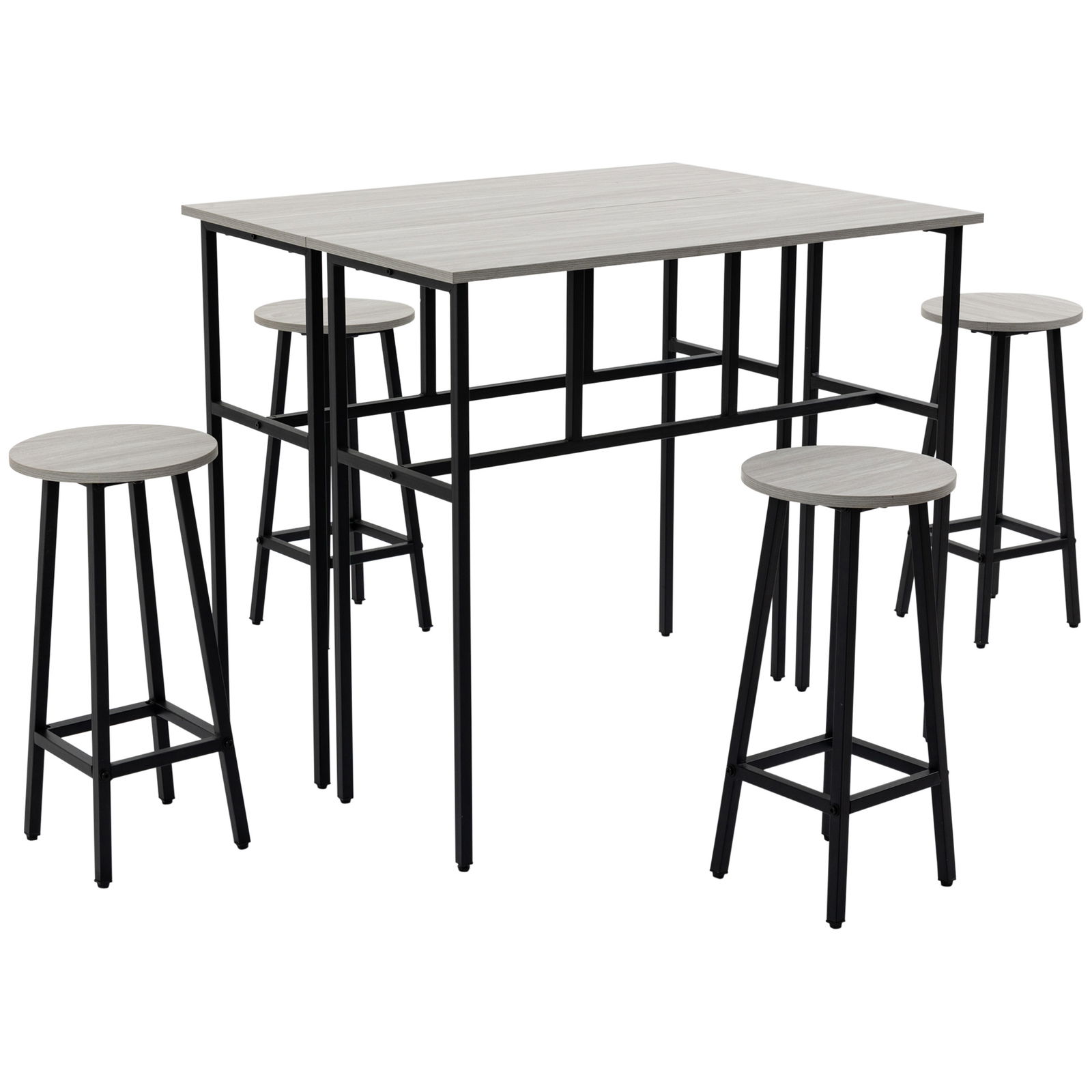 HOMCOM Set de bar de 6 piese cu 4 scaune de bar si 2 mese inalte din PAL si otel pentru bucatarie si living, gri