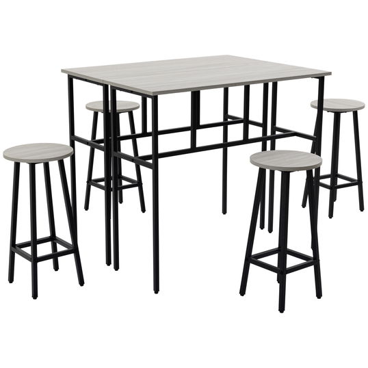 HOMCOM Set de bar de 6 piese cu 4 scaune de bar si 2 mese inalte din PAL si otel pentru bucatarie si living, gri
