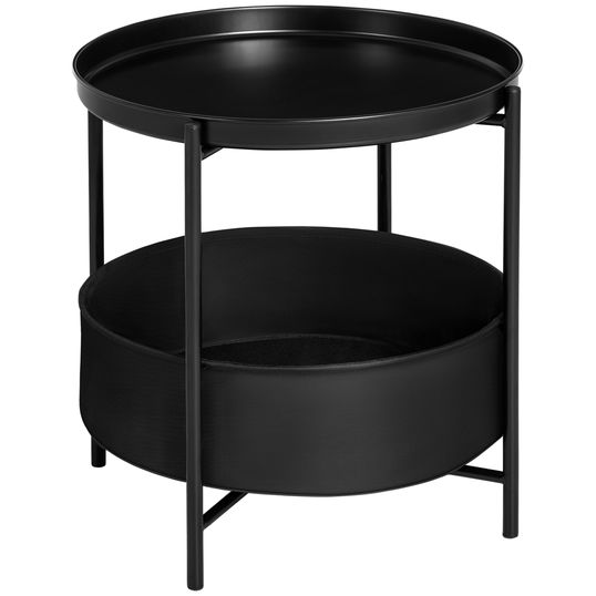 HOMCOM Masa de cafea rotunda din otel cu raft detasabil si cos din tesatura, masa de cafea moderna neagra Φ46x48cm