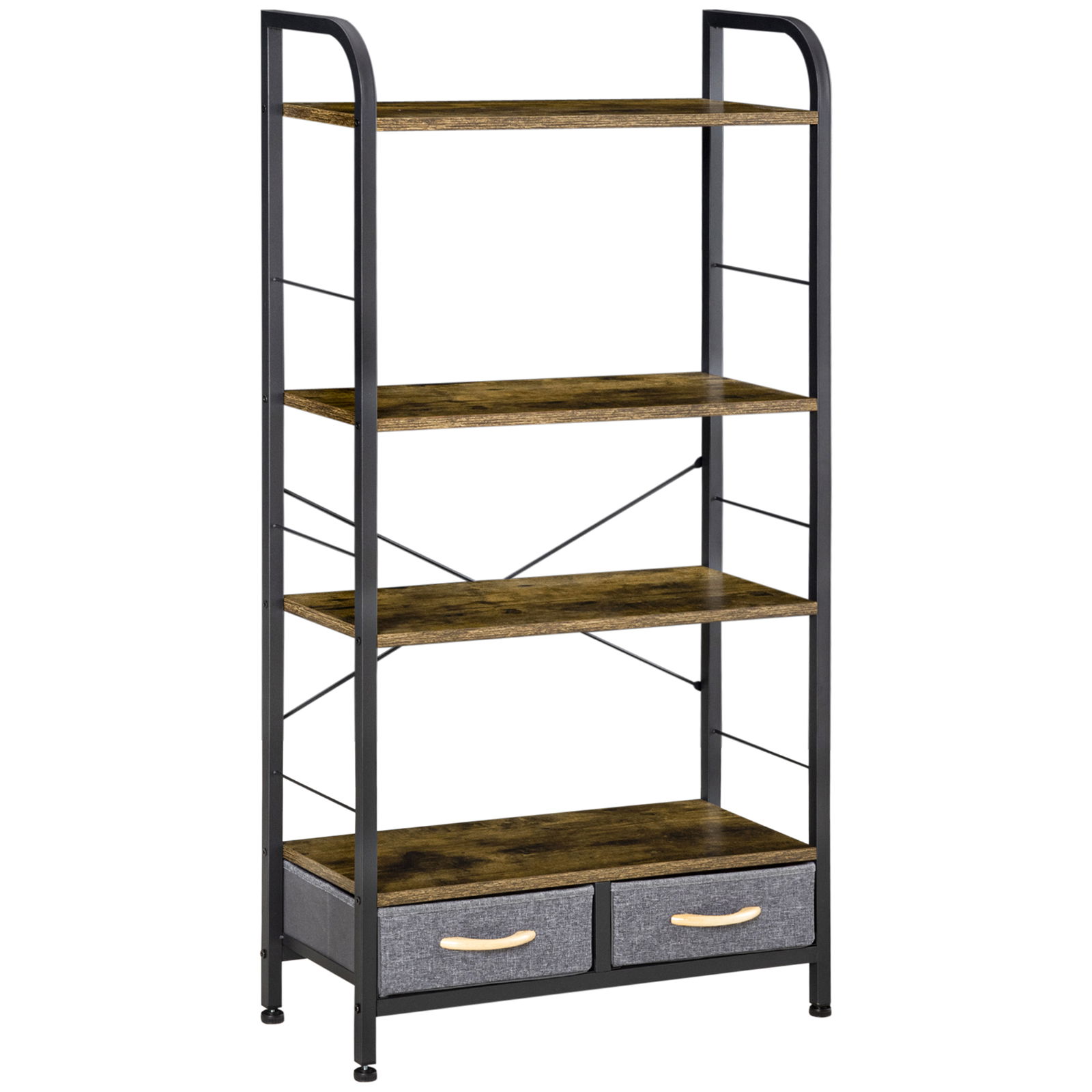 HOMCOM Mobilier biblioteca cu 4 rafturi si 2 sertare pentru sufragerie, birou si dormitor, din PAL, otel si tesatura cu efect de in, 64x27,5x121 cm
