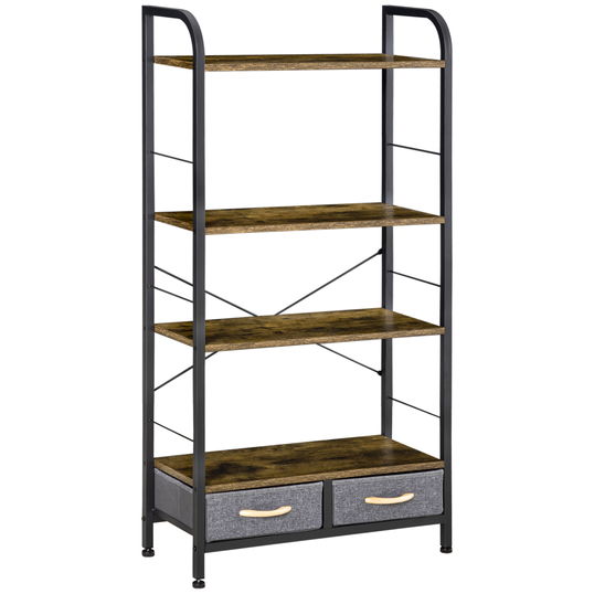 HOMCOM Mobilier biblioteca cu 4 rafturi si 2 sertare pentru sufragerie, birou si dormitor, din PAL, otel si tesatura cu efect de in, 64x27,5x121 cm
